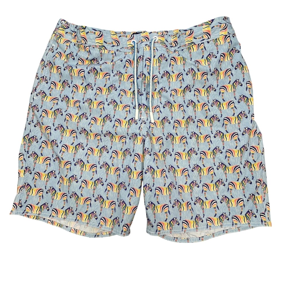 Johnnie-O Blue Rainbow Zebra Print Swim Trunks Men XL